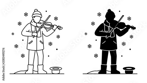 Winter Violinist's Serenade: A lone musician plays the violin in a snowy landscape, surrounded by falling snowflakes, while a hat rests on the ground, waiting for a kind donation.