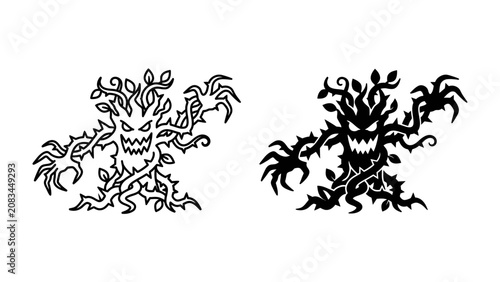 Evil Ent and Shadow Version: A menacing ent, a creature of twisted roots and branches with a wicked grin and glowing eyes, portrayed in both line art and silhouette.