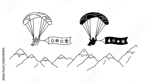 Canvastavla Parachutist Christmas Banner Over Mountains: Two parachutists descend over a stylized mountain range, each holding a banner adorned with festive Christmas symbols, a whimsical winter scene