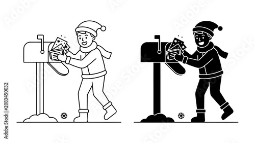 Child Mailing Letter at Mailbox: A young child dressed in winter attire, wearing a hat and scarf, is pictured at a mailbox, holding letters.