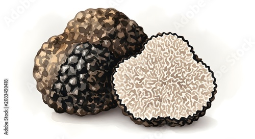 Fresh black truffle whole and sliced cross section with mushroom, delicacy