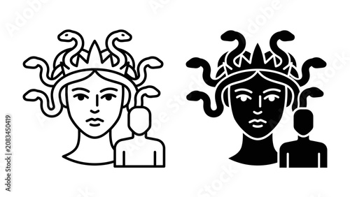 Cuadro en lienzo Gorgon Medusa and Victim Icon: A stylized depiction of the mythical Gorgon Medusa with snake hair and a crown, alongside a smaller human figure