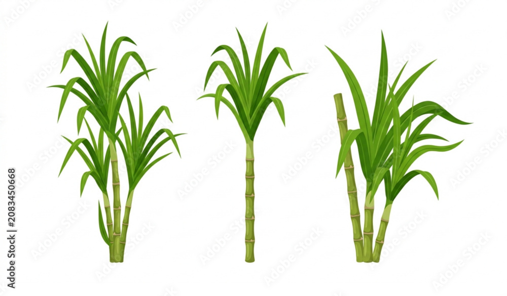 Obraz premium Sugarcane Vector Illustration EPS 10 Fresh Sugarcane Stalk with Leaves Isolated on White Background