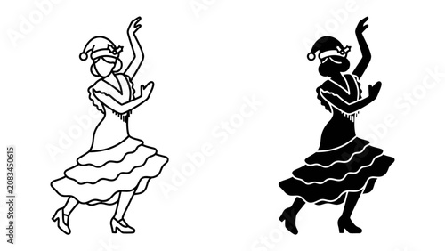 Fotografía Flamenco Dancer Silhouette: A stylized illustration depicts a female flamenco dancer in a traditional ruffled dress and festive hat, captured in a dynamic pose