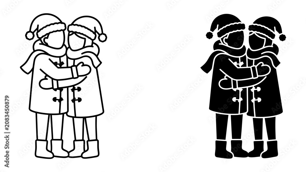 Fototapeta premium Two people hugging in winter clothes. They are wearing santa hats and scarves. A black and white illustration