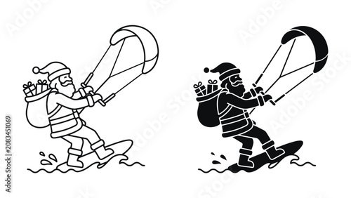 Photography Santa Kite Surfing: A whimsical illustration depicts Santa Claus, clad in his iconic red suit and hat, kite surfing on a surfboard with a sack of gifts, embracing a modern twist on holiday tradition