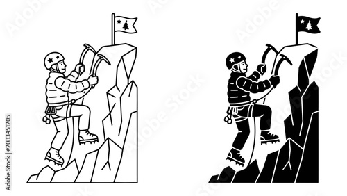 Mountain Climbing Duo: Two stylized figures scale a steep rocky cliff face, each equipped with ice axes and helmets, with a flag marking the summit.