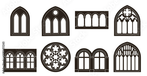 Fotografía Gothic and Romanesque windows, rose tracery vector, medieval architecture icons,