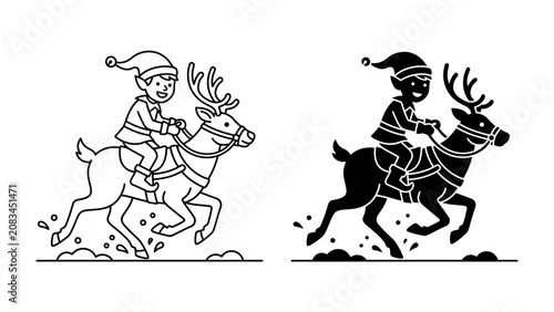 Christmas Elf Riding Reindeer: A playful illustration of a cheerful elf in a Santa hat, riding a reindeer, in both outline and silhouette. The image evokes the spirit of the holiday season.