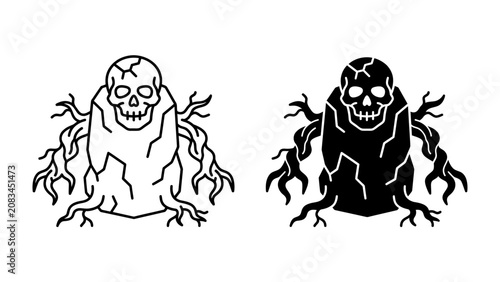 Tableau sur toile Monster Skull Root Icon: A stylized icon depicts a grotesque monster with a skull for a head, emerging from tangled roots, presented in both outline and solid black versions