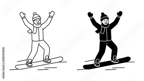 Foto Snowboarding Fun: A graphic representation of a snowboarder in action, depicted in both outline and solid black fill, ready to carve down the slopes