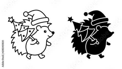 Fotografie Christmas Hedgehog Carrying a Tree: A charming hedgehog, adorned with a festive Santa hat, carries a decorated Christmas tree, showcasing the spirit of the holiday season