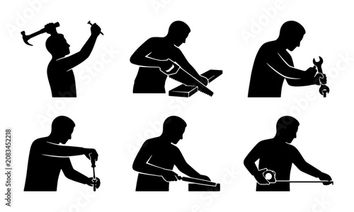 Konstfotografi DIY and Repair Icons: Silhouette Set of 6 Manual Labor Actions, Construction and