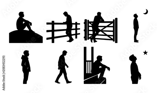 Foto Silhouette Figures Collection: Contemplative Man Poses, Rural Farm Fence, Night