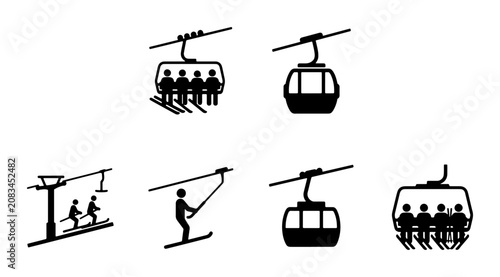 Bild auf Leinwand Ski Lift Icons, Gondola Cabins, Chairlifts, Cable Cars, Winter Transport, Mounta