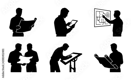 Architectural Design Silhouettes, Blueprint Planning, Digital Tablet Interaction, Team Collaboration, Engineering Concepts, Vector Set