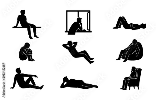 Diverse Silhouette Poses Vector Pack: Relaxed, Contemplative, and Sitting Figures for Lifestyle and Graphic Design Applications