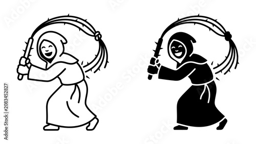 Foto Monk with Scourge: An illustration depicting a medieval monk holding a scourge or flail, symbolizing penance or discipline in a stark graphic style, presented in both line art and silhouette