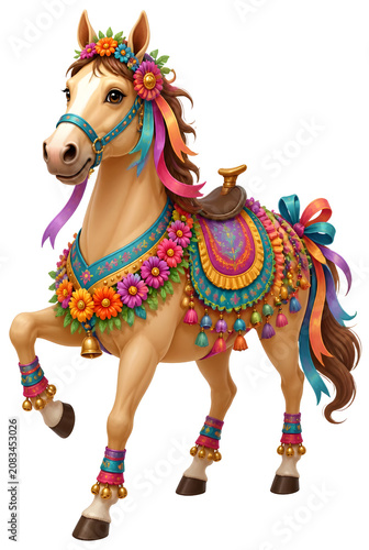 Colorful Festival Pony With Floral Garland Ornate Saddle And Rainbow Ribbons On Transparent Background