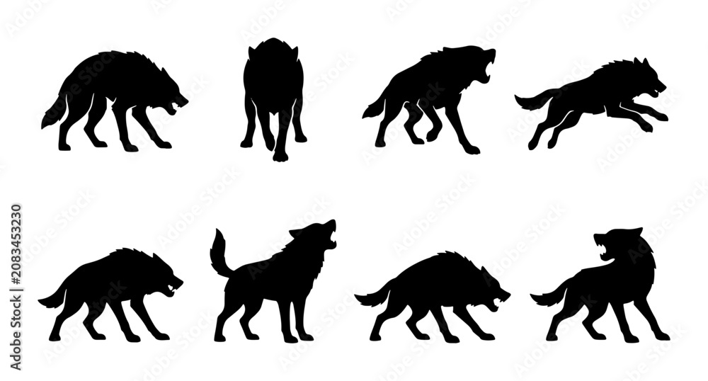 Fototapeta premium Wolf Silhouettes Collection: Dynamic Poses, Wildlife Vector Icons, Animal Graphics for Nature Themes, Hunting Concepts, and Wilderness Designs