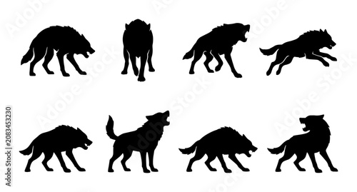 Foto Wolf Silhouettes Collection: Dynamic Poses, Wildlife Vector Icons, Animal Graphi