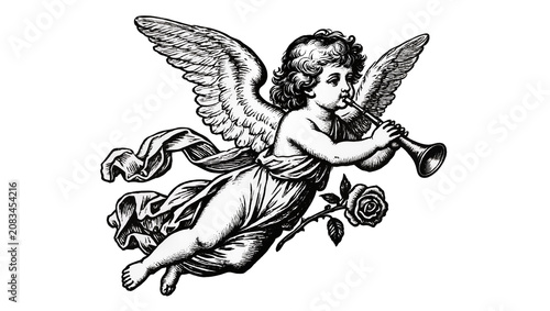 Schilderij op canvas Cherub blowing trumpet with rose and flowing drapery