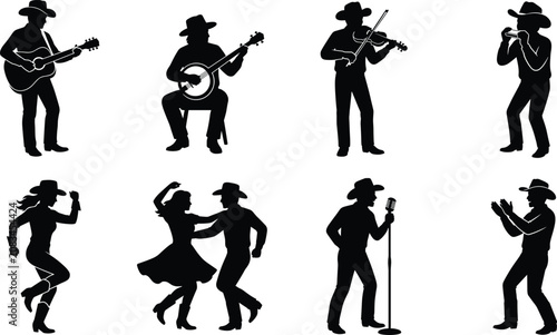 Country Music and Dance Silhouette Icon Set Featuring Musicians, Singers, and Performers in Cowboy Hats