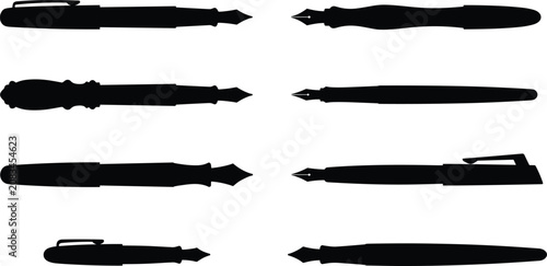 Fountain Pen Silhouette Icon Set Featuring Classic Writing Instruments with Varied Nibs and Barrel Designs