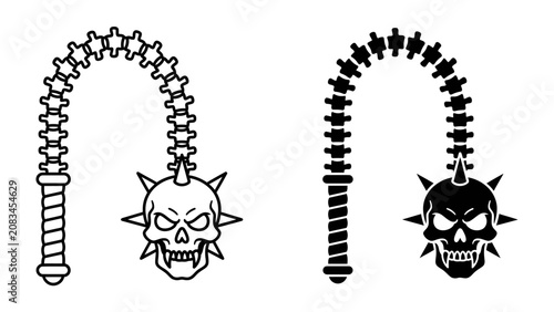 Foto Flail with Skull: A menacing flail weapon, featuring a spiked ball head resembling a skull with fangs and angry eyes, attached to a chain, depicted in both line art and silhouette