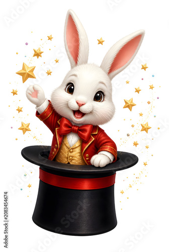 Cute White Magician Bunny In Red Costume Emerging From Black Magic Hat With Wand And Golden Sparkles