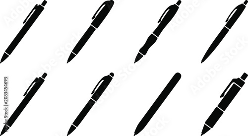 Pen Silhouette Icon Set Featuring Ballpoint, Fountain, and Writing Tool Designs for Stationery Graphics