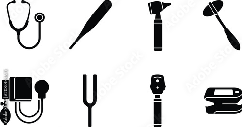 Medical Diagnostic Instrument Silhouette Icon Set Featuring Stethoscope, Thermometer, Otoscope, and Healthcare Tools