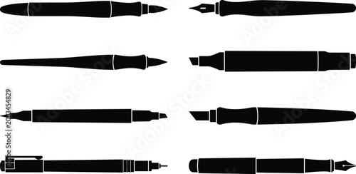 Writing Instrument Silhouette Icon Set Featuring Fountain Pens, Dip Pens, and Technical Drawing Tools