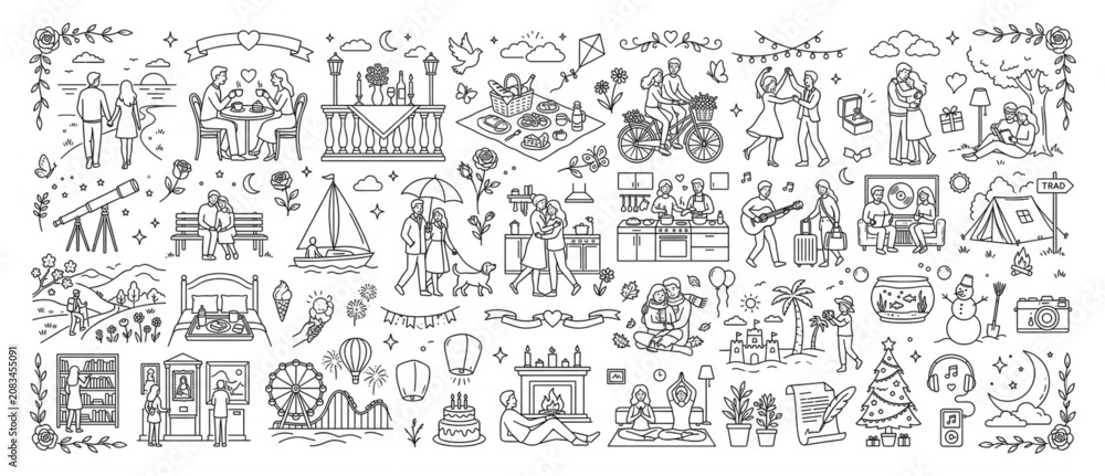 Obraz premium Romantic couple activities and lifestyle milestone illustration collection outline icon set with lifestyle activities relationship anniversary recreation monochrome together traveling