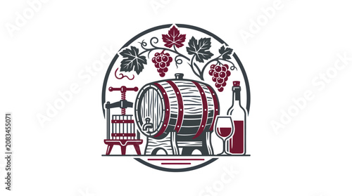 Quadro su tela Wine Barrel with Bottle and Glass.