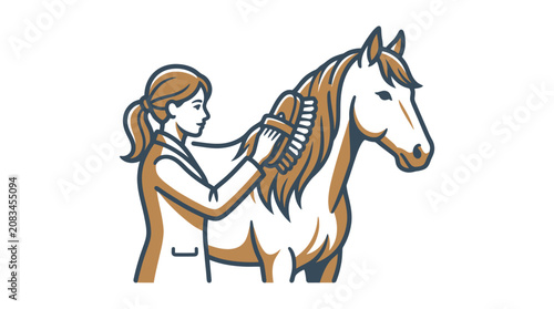Fotografía Woman brushing horse mane carefully outdoors.