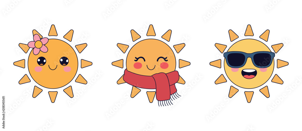 Fototapeta premium Kawaii sun icons featuring cute weather characters with flower, scarf, sunglasses, and seasonal expressions for vector illustration
