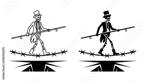 Fotografie Tightrope walker Skeleton: A skeleton dressed in a top hat and suit walks across a tightrope over barbed wire, symbolizing a dangerous feat or precarious situation