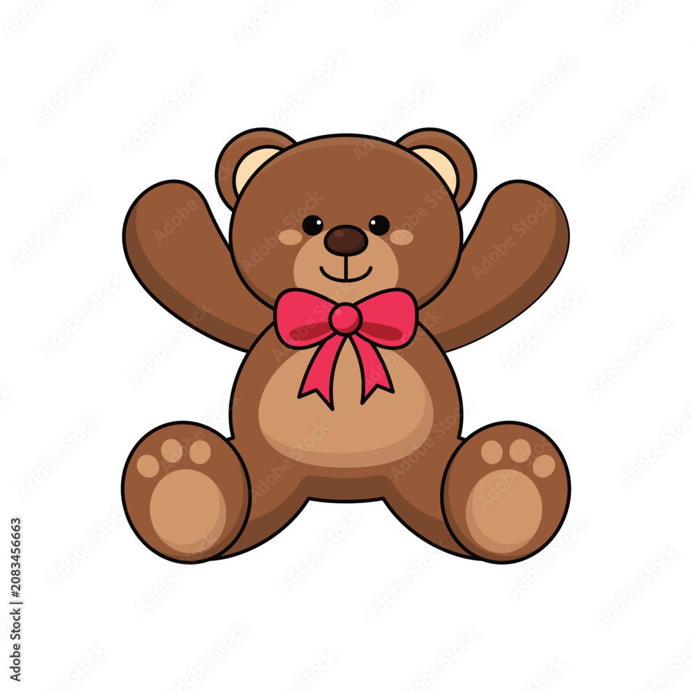 Obraz premium Happy Brown Teddy Bear with Arms Raised and Red Ribbon Bow Cartoon Illustration