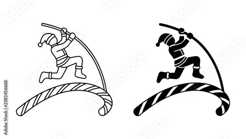 Obraz na płótnie Christmas Pole Vaulting Elf Duo: Two elves dressed as Santa's helpers, one in outline and the other in silhouette, energetically pole vault over a candy cane, bringing a whimsical holiday spirit