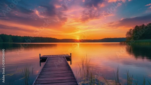 Colorful summer sunset of a lake with a wooden boat dock. AI