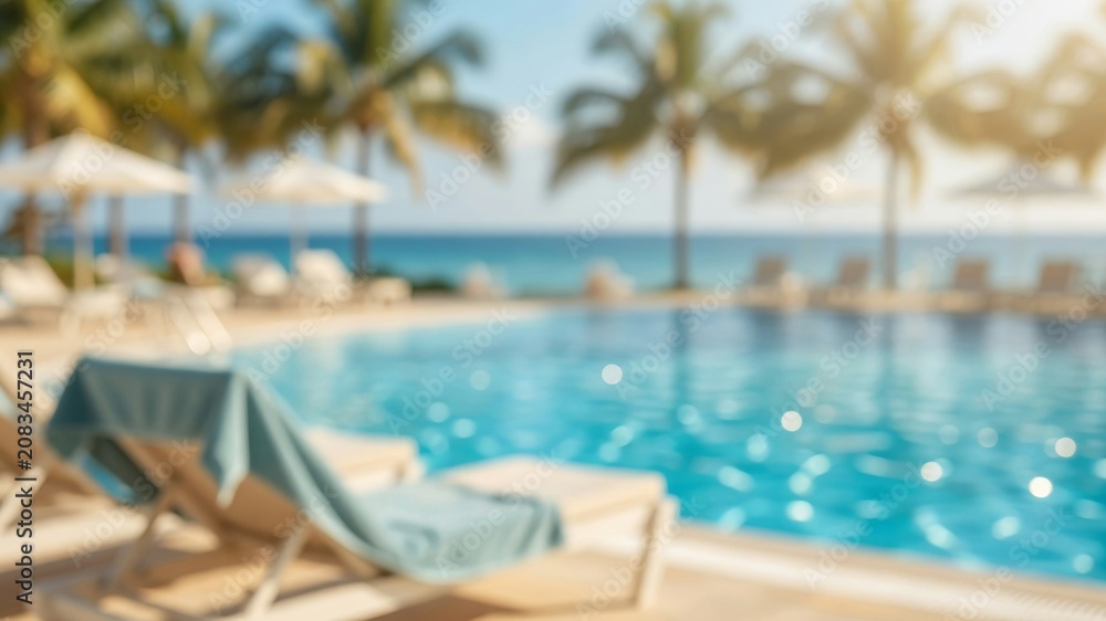 Fototapeta premium Resort swimming pool blur with sun loungers, palm trees, and ocean view, creating a relaxing tropical vacation atmosphere