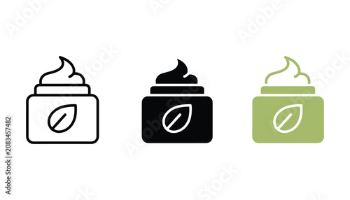 Bild auf Leinwand Cosmetic cream jar icons set presented in line art solid black and flat green st