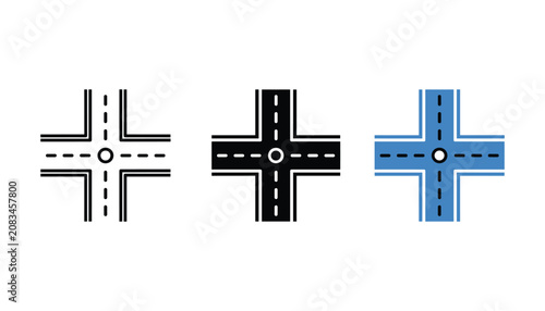 Fotografía Road intersection junction icon set in outline solid black and blue color styles