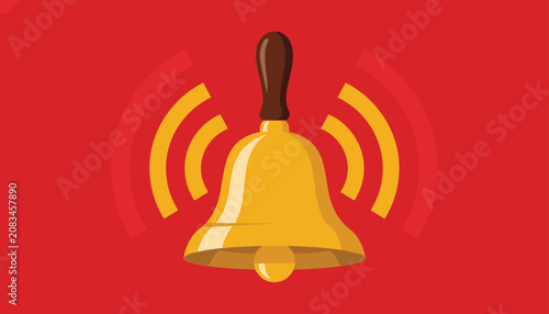 Golden ringing handbell vector illustration with sound waves on a vibrant red background representing alert or notification.