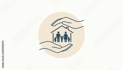 Stylized house and family icon protected by caring hands is depicted inside a soft beige circle backdrop.