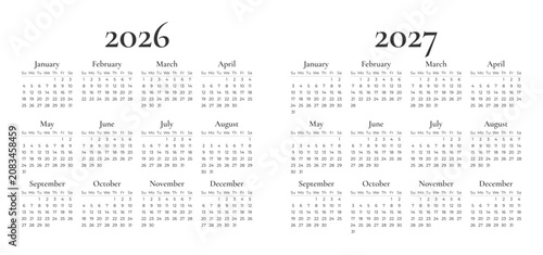 English simple calendar 2026 2027 year