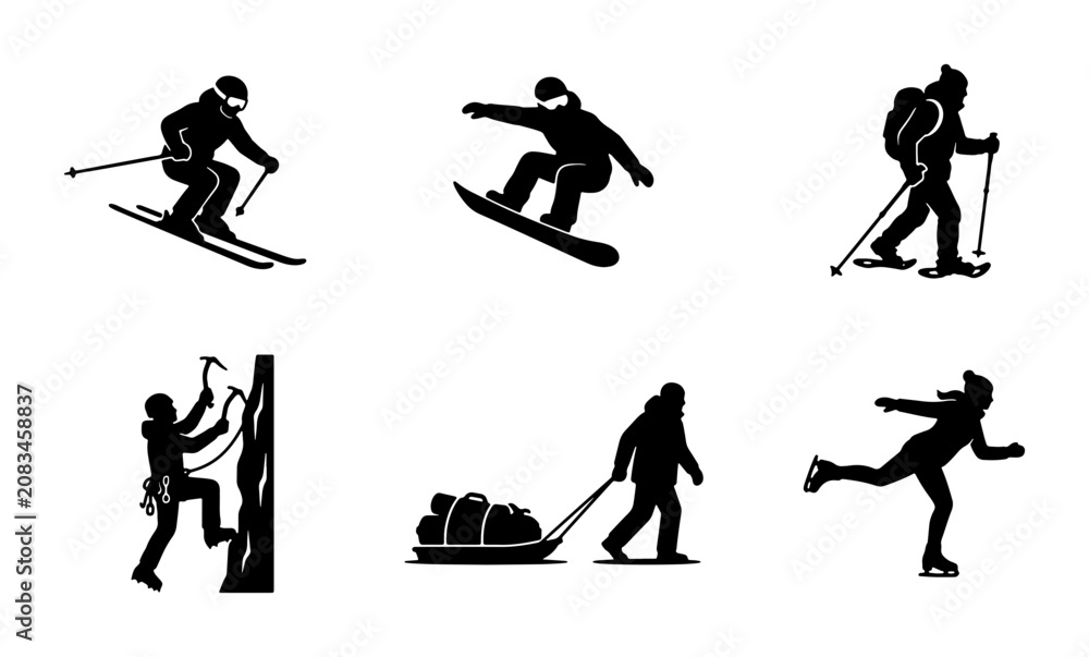 Fototapeta premium Winter Sports Icons Set, Snowboarding, Skiing, Ice Skating, Mountaineering, Sledding, Vector Graphics Collection for Outdoor Activity and Recreation