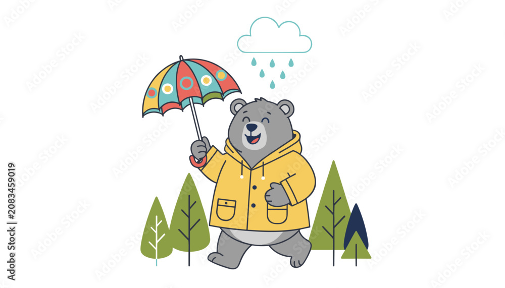 Obraz premium Cute gray teddy bear wearing a yellow raincoat and holding a colorful umbrella walking under a rainy gray cloud.