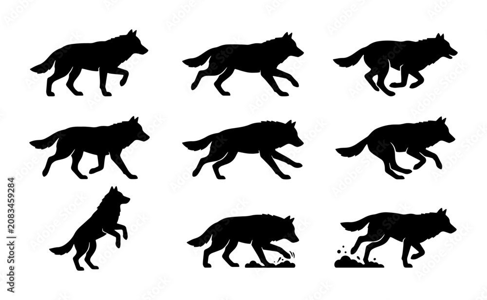 Fototapeta premium Wolf Silhouette Set, Dynamic Animal Poses, Wildlife Vector Icons, Running and Standing Canine Graphics, Black and White Nature Illustrations
